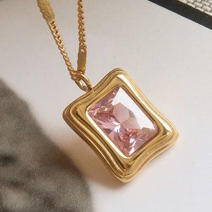 NEW 18K Gold Plated Radiant Cut Pink Sapphire Square Pendant Necklace